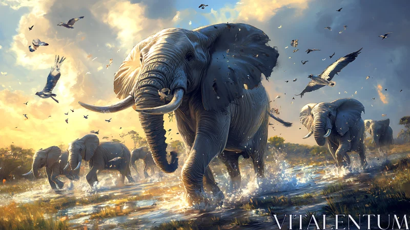 Elephants advance through shallow water under active sky