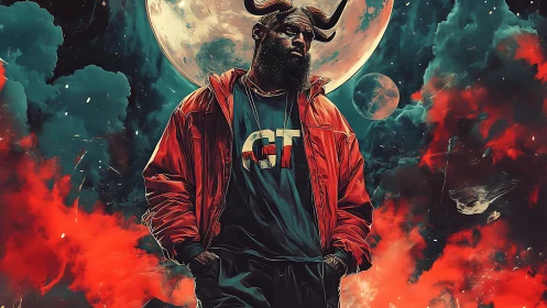 Cosmic wanderer in red jacket under a stormy moonlit sky.