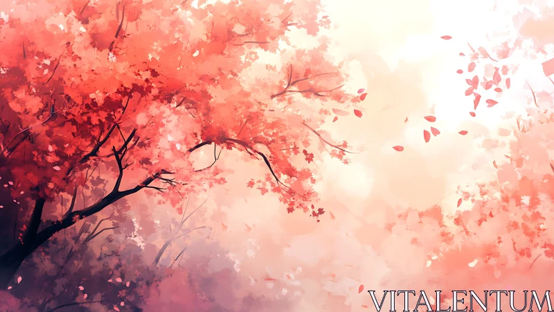 Gentle autumn canopy glowing in soft pink evening light.