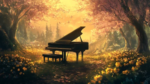 Forest piano serenade under glowing blossom twilight.