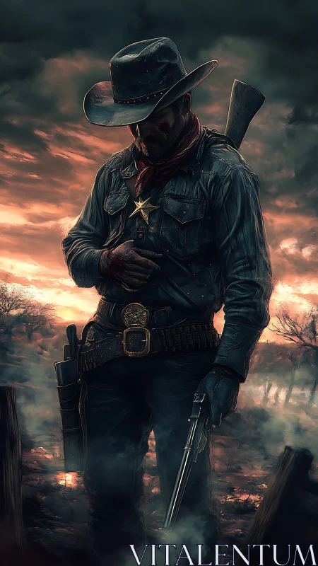 Forensic study of dusk-lit gunslinger with tactical shotgun.