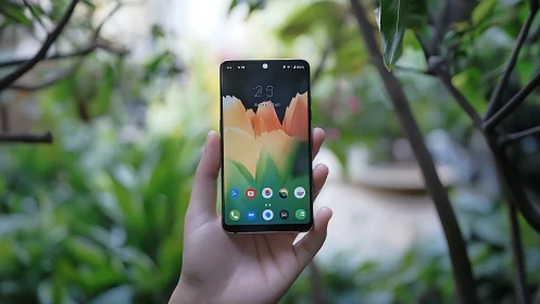 Hand-Held Android Smartphone Displaying Vibrant Floral Interface.