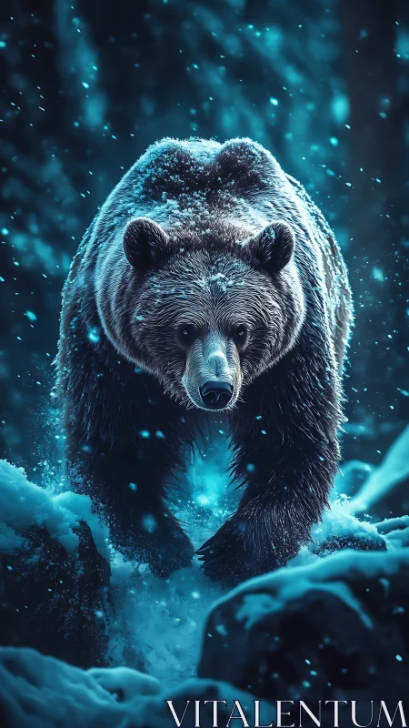 Majestic winter bear strides through a glowing blue snowfall