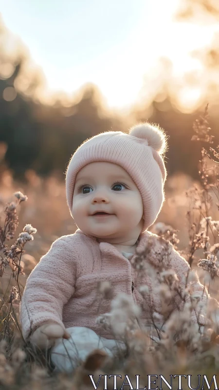 Infant in Pink Knitwear Amid Golden Hour Wildflower Field.