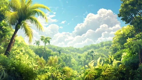 Tropical jungle landscape with dense vegetation and blue sky