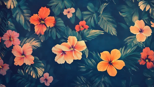 Tropical Hibiscus Blooms Against Deep Navy Backdrop with Layered Foliage
