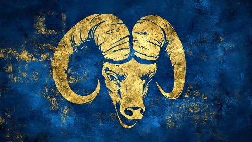 Gold ram head emblem with distressed blue grunge background texture