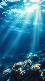 Sunlit underwater reef with coral and deep blue water.