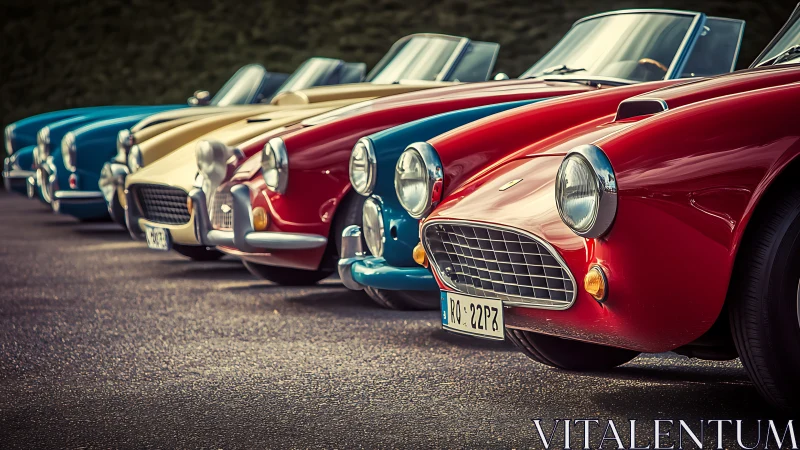 Row of vintage roadsters parked on asphalt surface.