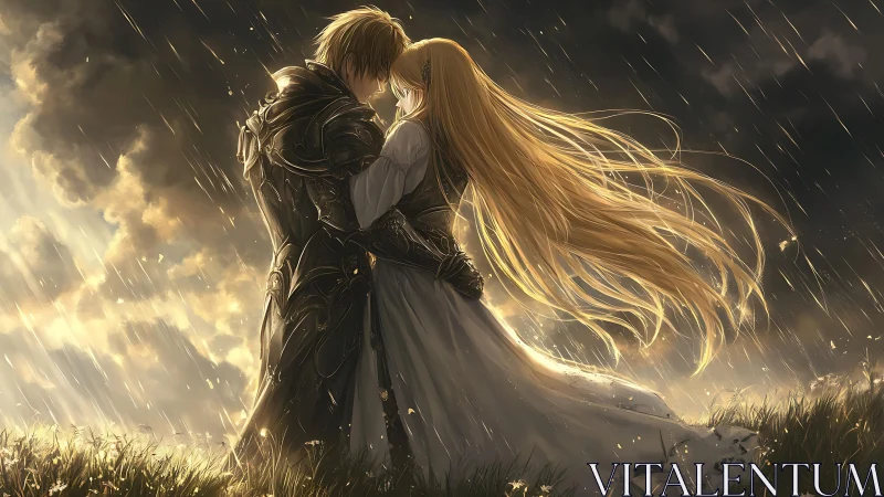 Two figures in rain with golden light emanation.