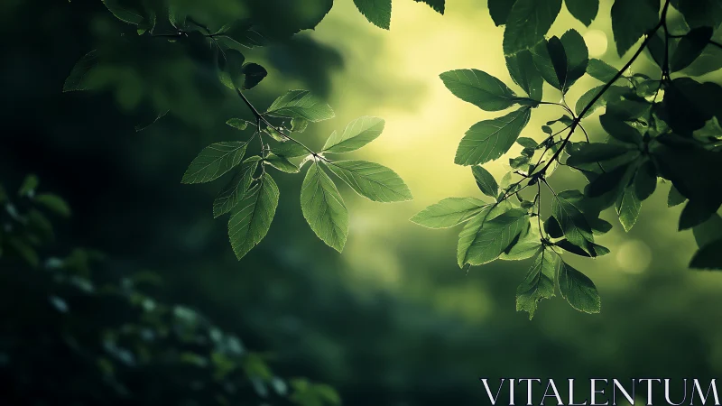 Sunlit green leaves in tranquil forest, soft natural light style.