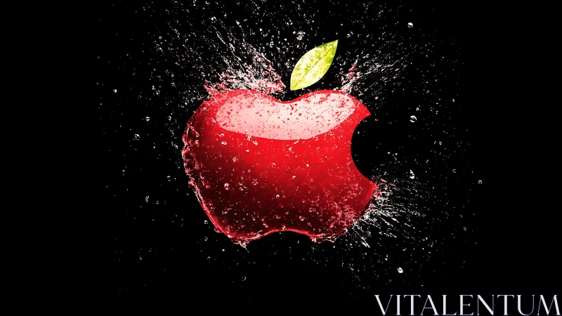 Liquid scarlet apple logo shatters into crystalline spray