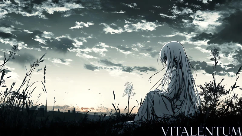 Solitary anime girl sits in field against cloudy dusk sky
