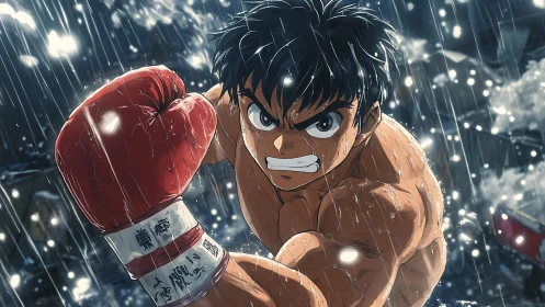 Anime boxing protagonist in dynamic rain-soaked close-up shot.
