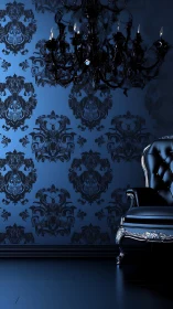 Midnight baroque lounge with black chandelier and chair.
