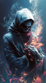 Hooded reaper figure wreathed in blue smoke and flame.