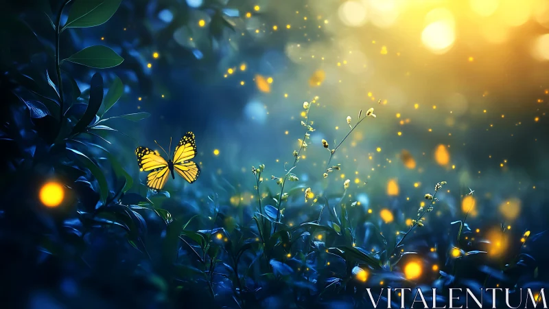 Yellow butterfly over foliage with glowing particles at dusk.