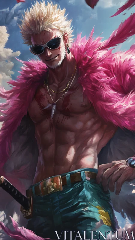 Sworded outlaw in pink feather coat under bright sky.