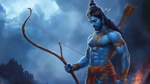 Serene blue archer stands poised in a stormlit mythical sky.