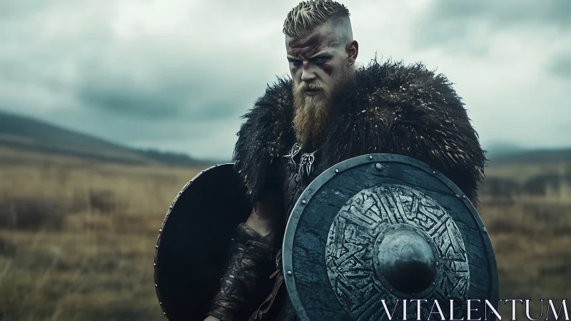 Brooding Viking warrior stands armored beneath stormy skies.