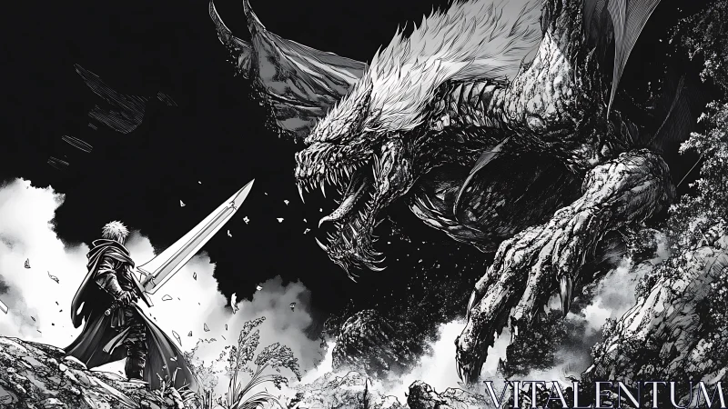 Lone swordsman confronts roaring dragon in stormy monochrome clash