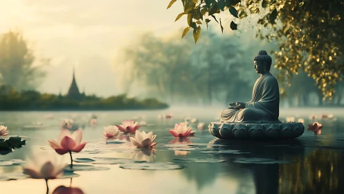 Lotus-drifting silence cradles a meditating Buddha at dawn