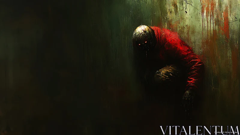 Red-jacketed figure crouches in a dim, unsettling corner space