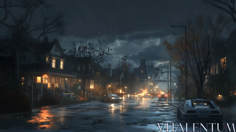 Stormy suburban street with retro sports car at night.