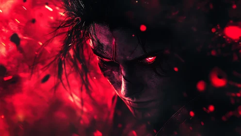 Demonic warrior portrait in blazing red inferno light.