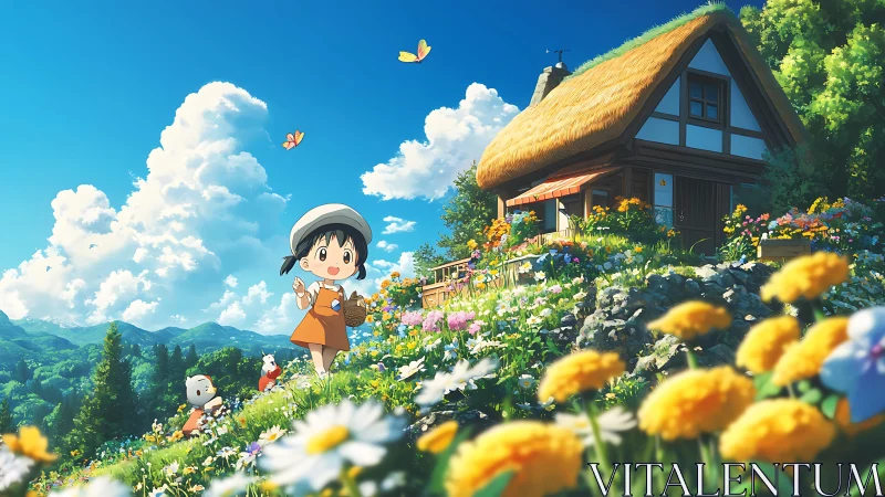 Child walking through hilltop flower field near cottage.