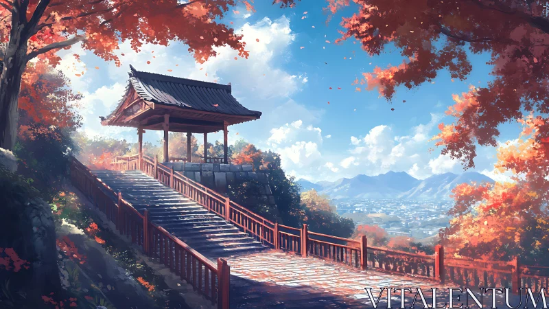 Temple pavilion on hillside stairway in autumn landscape.