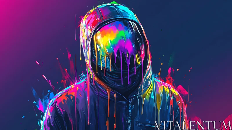 Hooded figure stands under dripping neon rainbow paint