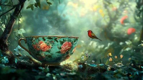 Floral teacup and small bird in softly lit woodland setting.