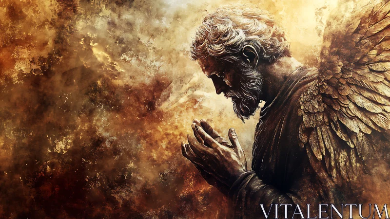 Winged stone figure in solemn prayer against hazy sky.