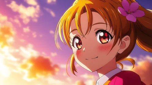 Sunset-sparked anime smile under sherbet painted skies.