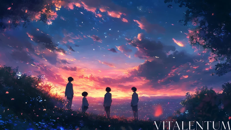 Silhouetted figures on hillside under expansive dusk sky.