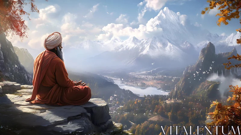 Solitary sage contemplates vast snow peaks above valley