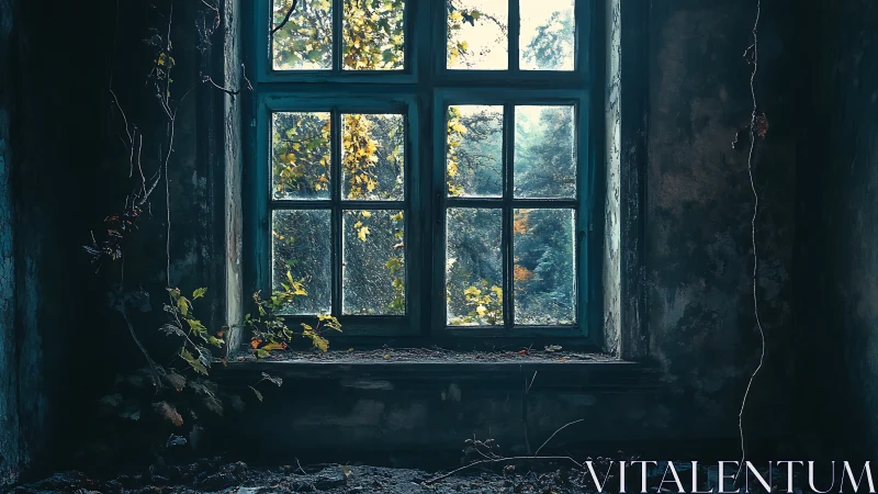 Decayed interior framing luminously backlit autumn foliage.