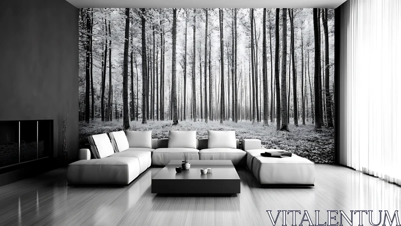 Minimalist Interior with Forest Wall Mural