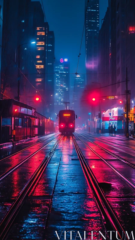 Neon tram gliding through a rainy midnight city glow.