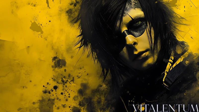 Gothic portrait in yellow monochrome with splatter textures.