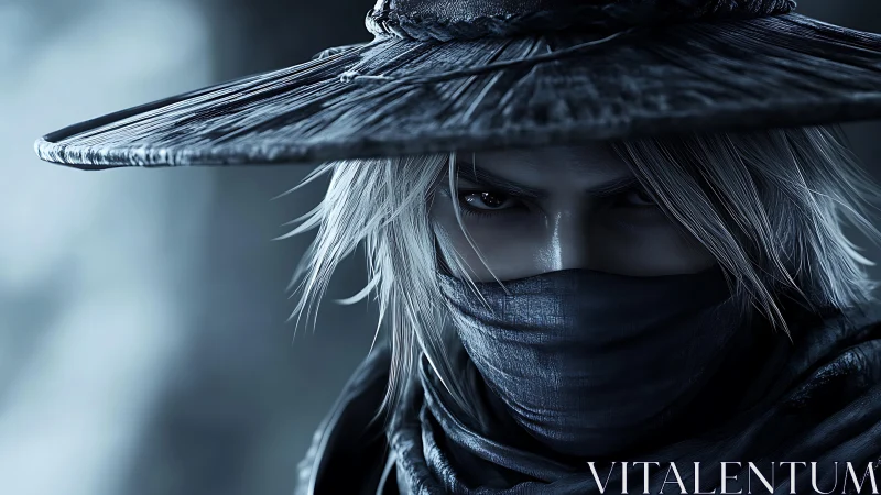 Brooding masked warrior in cool monochrome dramatic lighting.