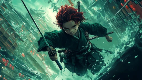 Samurai youth advancing through flooded neon city street.