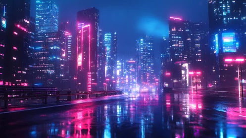 Neon city skyline reflects on wet street in rainy night