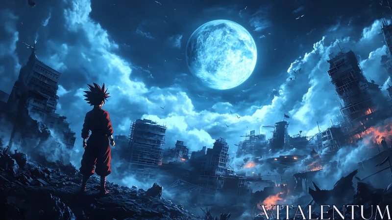 Backlit anime warrior surveys moonlit post apocalyptic cityscape