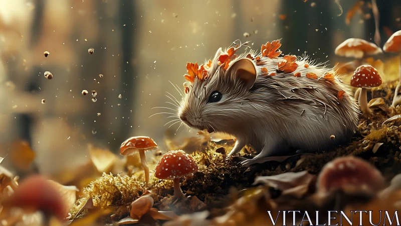 Autumn forest mouse amid glowing fungi and drifting spores.