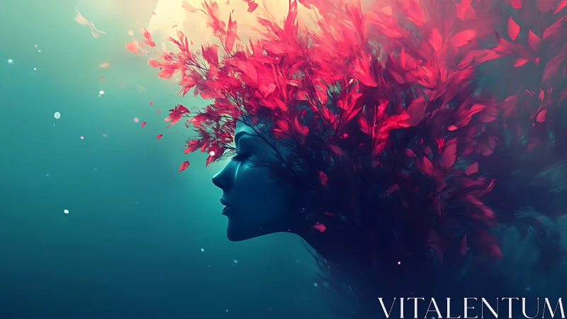 Surreal aquatic portrait merges female profile with red foliage