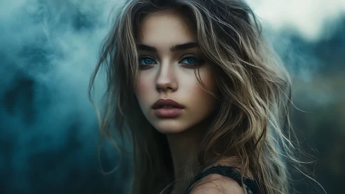 Digital portrait depicts young woman amid diffused blue smoke