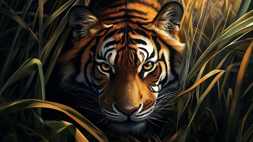 Tiger’s intense gaze cuts through tall jungle grasses.