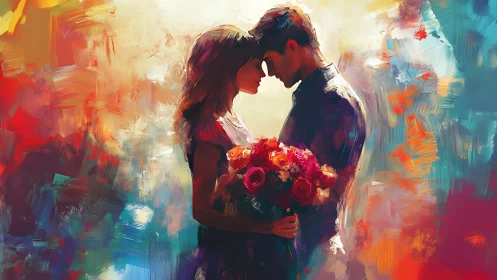 Couple with Red Roses in Colorful Abstract Setting